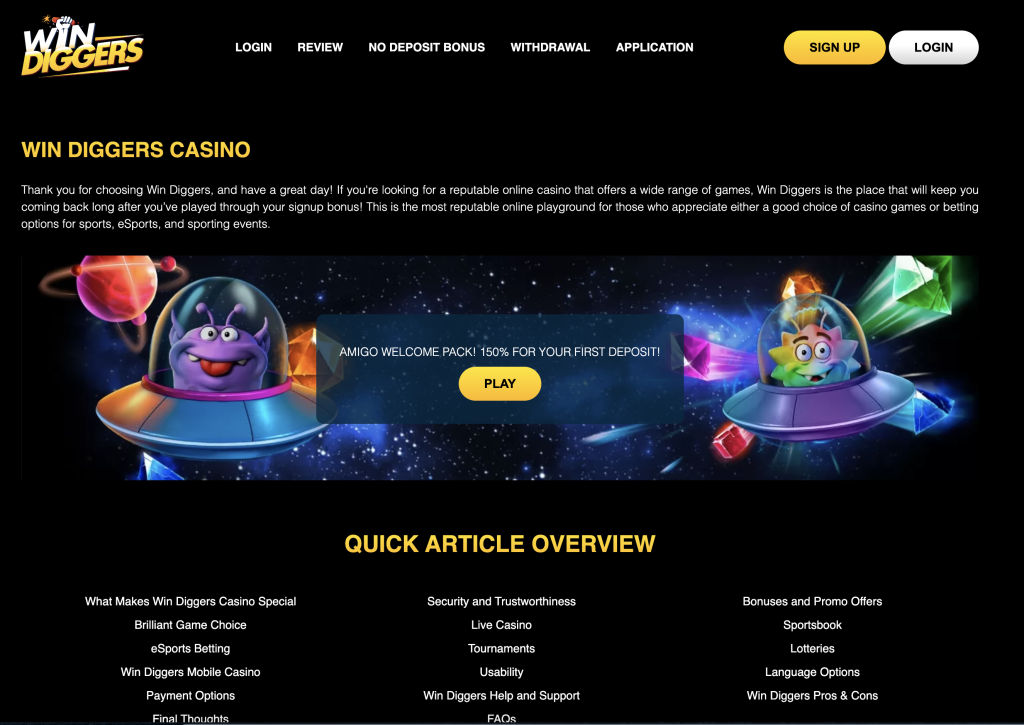 Image of Win Diggers Casino Website